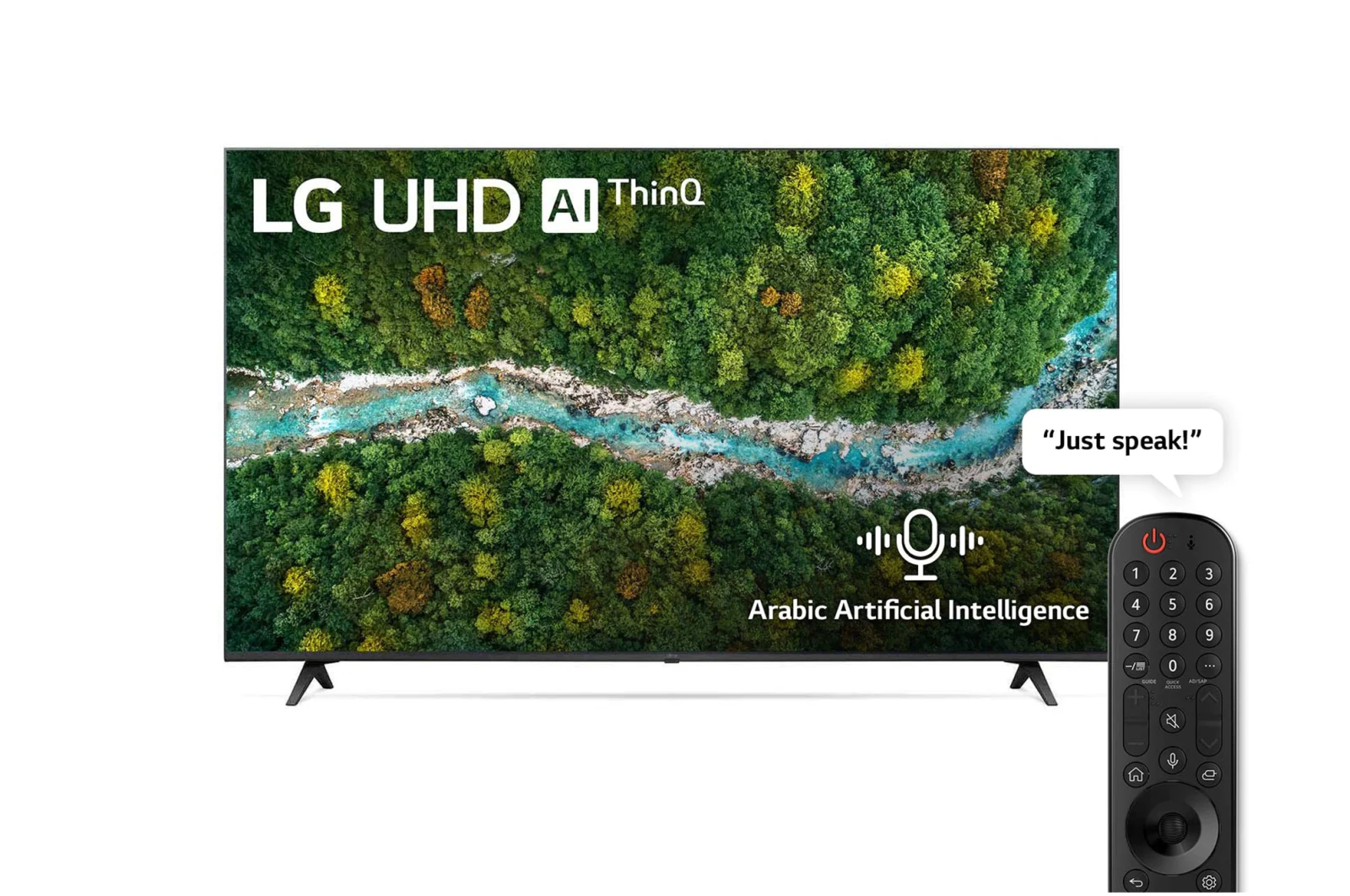 شاشة ال جى 55 بوضة - UHD 4K‏ -UP77، بتصميم شاشة السينما الرائع بدقة 4K والمزود بتقنية Active HDR ونظام تشغيل WebOS بالإضافة إلى تقنية Smart AI ThinQ